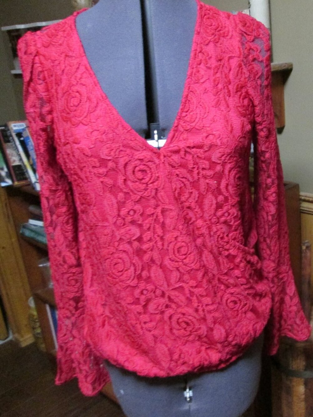 My Michelle red lace v neck angel sleeves lined all lace glam red small